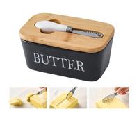 Ceramic Butter Dish with Wooden Lid,Large Butter Container Keeper Storage with Stainless Steel Butter Knife Spreader,Bamboo Cover and Silicone Sealing Ring for Perfect for Butter,Cheese (Black,610ML)