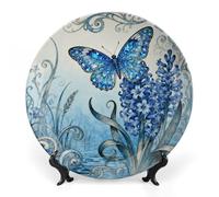 Ceramic Butterfly Hyacinth Cluster Decorative Plate for Wall Hanging 10inch Large Bone China Dinner Plates with Display Stand Porcelain Art Dish for Home Kitchen Office Wedding Gift Farmhouse Decor