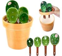 Ceramic Cactus Measuring Spoons Set in Pot Organizer, 5 Pieces Cute Measuring Cups and Spoons Set for Kitchen Dry Wet Measuring Liquid Food Salt and Sugar Kawaii Spoon with Base Cup (Green)
