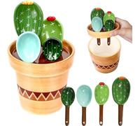 Ceramic Cactus Measuring Spoons Set in Pot Organizer, 5 Pieces Cute Measuring Cups and Spoons Set for Kitchen Dry Wet Measuring Liquid Food Salt and Sugar Kawaii Spoon with Base Cup
