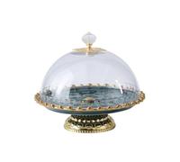 Ceramic Cake Stand With Clear Dome Lid Beaded Border Decorative Top Pedestal Base Versatile Display Platter For Delicacies Pastries Fresh Fruit Savory, Dark Green, 8 Inch