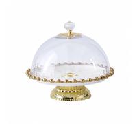 Ceramic Cake Stand With Clear Dome Lid Beaded Border Decorative Top Pedestal Base Versatile Display Platter For Delicacies Pastries Fresh Fruit Savory, Bright White, 8 Inch