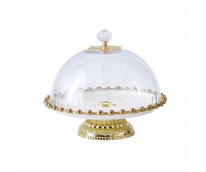Ceramic Cake Stand With Clear Dome Lid Beaded Border Decorative Top Pedestal Base Versatile Display Platter For Delicacies Pastries Fresh Fruit Savory, Bright White, 8 Inch