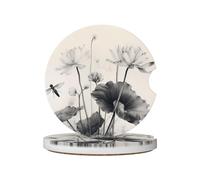 Ceramic car coasters (2-pack) HHGFASD Lotus dragonfly ink painting Pattern absorb moisture are non-slip and easy to clean for cars trucks and vans.