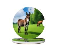Ceramic Car Coasters 2 Pcs Durable and Stylish Waterproof Anti-slip Perfect Car Accessories Donkey on green meadow Picture