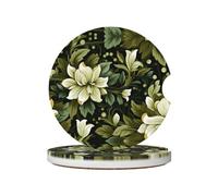 Ceramic Car Coasters 2 Pcs Durable and Stylish Waterproof Anti-slip Perfect Car Accessories green vintage floral Printing