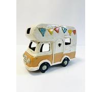 Ceramic Caravan Motorhome Tealight Candle Holder, Summer Holiday Ornament Gift with Colorful Bunting, 17cm Length