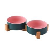 Ceramic Cat Bowl Set, Raised Cat Bowls with Non-Slip Bamboo Stand, Cat Food and Water Bowl Set, Double Cat Feeding Bowls, Pet Dishes for Cats and Small Dogs