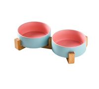 Ceramic Cat Bowl Set, Raised Cat Bowls with Non-Slip Bamboo Stand, Cat Food and Water Bowl Set, Double Cat Feeding Bowls, Pet Dishes for Cats and Small Dogs