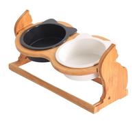 Ceramic Cat Bowl with Bamboo Stand - Elevated Single or Double Feeding Bowls for Cats - Stylish and Functional Raised Pet Bowls (Double,White black)
