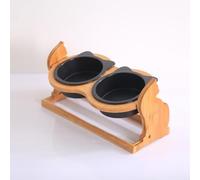 Ceramic Cat Bowl with Bamboo Stand - Elevated Single or Double Feeding Bowls for Cats - Stylish and Functional Raised Pet Bowls (Double,Black)