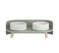 Ceramic Cat Bowl with Raised Base for Better Eating Posture | Double Bowl Feeder, Ceramic and Plastic Build, Green Finish, Keeps Feeding Area Tidy