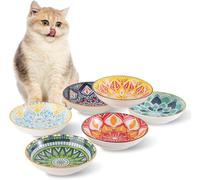 Ceramic Cat Bowls Set of 6 - Colorful Cute Shallow Cat Dishes - Great for Multi-Pet Homes - 5.6 Inch, Whisker Friendly and Wide - Microwave & Dishwasher Safe - 5.3 oz (185 ml)