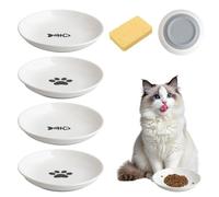 Ceramic Cat Food Bowl - 4 Shallow Kitten Bowls, 5.9-Inch Cat Food Bowl with Non-Slip Base, Whisker Fatigue Cats Dishes for Wet Dry Food and Water with a Sponge Brush