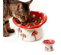 Ceramic Cat Slow Feeder Bowl, Cute Mushroom Elevated Design, Wide Shallow Rim for Whisker Comfort, Helps Digestion for Wet Dry Food