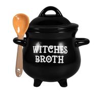 Ceramic Cauldron Mug 650ml with Lid and Broom Spoon Halloween Season | Smooth Ceramic Finish, Wide Mouth and Non-slip Base, for Tea, Cookies, Gifting