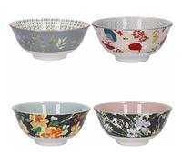 KitchenCraft Glazed Stoneware Bowl Set of 4, Boho Floral, 15.5 x 7.5cm, Gift Boxed, Green,Grey,Orange,Pink