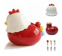 Ceramic Chick Toothpick Holder Dispenser and Fruit Fork Set, Unique Cute Kitchen Decor and Gadgets Gifts, 3 Food-Grade 304 Stainless Steel Forks, Funny Kitchen Gadgets for Home Table Accessories