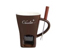 Ceramic Chocolate Fondue Mug - Melting Butter Pot with Fork, Cheese Warmer Cup, Butter Fondue Heated (Brown, NO CANDLE) 0808