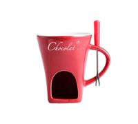 Ceramic Chocolate Fondue Mug with Forks Personal Cheese Melting Cup Butter Warmer Heated by Tealight for Candy Snack Caramel Chocolate Party- red