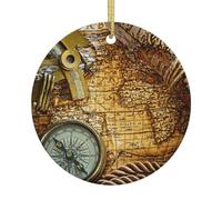 Ceramic Christmas Compass And Old World Map Print Ornaments 2025,Classic Round Hanging Ornaments,Christmas Tree Hanging Decorations
