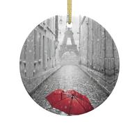 Ceramic Christmas Eiffel Tower Paris Street Red Umbrella Print Ornaments 2025,Classic Round Hanging Ornaments,Christmas Tree Hanging Decorations