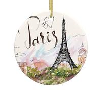 Ceramic Christmas Eiffel Tower Print Ornaments 2025,Classic Round Hanging Ornaments,Christmas Tree Hanging Decorations