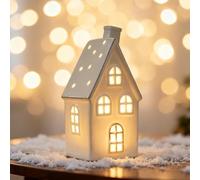 Ceramic Christmas Houses with LED Light,White Porcelain Village Town House,Winter Church & Mini Cottage Deco,Christmas Town Scene Desktop Ornaments Xmas Holiday Farmhouse Rustic Decor for Mantel (02)