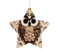 Ceramic Christmas Ornament 2.7 Inch - Coffee Bean Owl Print Double Sided Xmas Tree Decor Star Shaped with Gold Rope, Vintage Holiday Hanging Pendant for Home Wall Window Decor