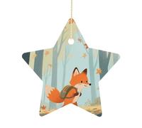 Ceramic Christmas Ornament 2.7 Inch - Fox_Adventure Double Sided Xmas Tree Decor Star Shaped with Gold Rope, Vintage Holiday Hanging Pendant for Home Wall Window Decor