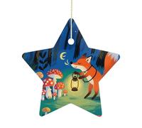 Ceramic Christmas Ornament 2.7 Inch - Fox at Night Double Sided Xmas Tree Decor Star Shaped with Gold Rope, Vintage Holiday Hanging Pendant for Home Wall Window Decor