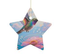 Ceramic Christmas Ornament 2.7 Inch - Rainbow Hummingbird Double Sided Xmas Tree Decor Star Shaped with Gold Rope, Vintage Holiday Hanging Pendant for Home Wall Window Decor