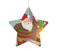 Ceramic Christmas Ornament 2.7 Inch - Xmas Funny Gnome Double Sided Xmas Tree Decor Star Shaped with Gold Rope, Vintage Holiday Hanging Pendant for Home Wall Window Decor