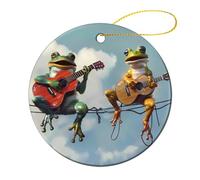 Ceramic Christmas Ornament Colorful Frogs Playing Guitars Ceramic Decorations Personalized Personalised Christmas Bauble Round Christmas Tree Pendant Decor For Family Door Accent Wall