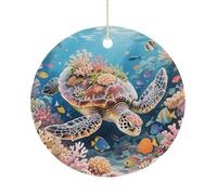 Ceramic Christmas Ornament - Swimming Turtle in Coral Reef Xmas Tree Porcelain Hanging Ornaments, Round Farmhouse Pendant for Xmas Tree, Holiday Party Decorations & Festive Gift