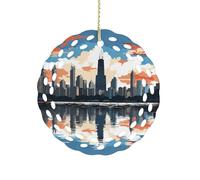 Ceramic Christmas Ornaments Chicago Skyline Round Double Sided Porcelain Hanging Decor for Xmas Tree, Holiday Home Decor and Gift Party Decorations (3 Inch)