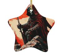 Ceramic Christmas Ornaments, Christmas Baubles, Death Skull Grim Reaper Dark Art Red, Xmas Tree Hanging Ornaments, with Lanyard