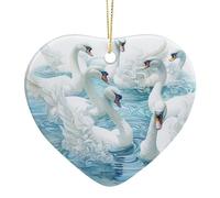 Ceramic Christmas Ornaments, Christmas Baubles, Drawing Seven Swans A Swimming Romantic White Swan, Xmas Tree Hanging Ornaments, with Lanyard