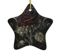 Ceramic Christmas Ornaments, Christmas Baubles, Red Rose God Gothic Dark Black, Xmas Tree Hanging Ornaments, with Lanyard