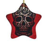 Ceramic Christmas Ornaments, Christmas Baubles, Skull Day of The Dead Death Red, Xmas Tree Ornament Hanging, with Lanyard