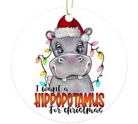 Ceramic Christmas Ornaments, Christmas Decorations, I Want A Hippopotamus Funny Hippo, Xmas Tree Ornament Hanging, with Lanyard