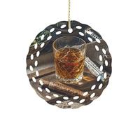Ceramic Christmas Ornaments Cigar & Whiskey Round Double Sided Porcelain Hanging Decor for Xmas Tree, Holiday Home Decor and Gift Party Decorations (3 Inch)