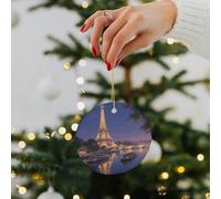 Ceramic Christmas Ornaments - Double-Sided Printed Hanging Decor with Gold String for Xmas Tree, Night View of The Eiffel Tower in Paris Winter Holiday Keepsake Gift for Family & Friends, Home Party