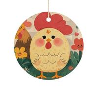 Ceramic Christmas Ornaments for Tree Decorations - Farmhouse Christmas Decor, Cute Rooster Chickens Themed Hanging Pendant Round Ornament for Xmas Tree Gifts (2.9 Inch)
