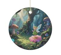 Ceramic Christmas Ornaments for Tree Decorations - Farmhouse Christmas Decor, Fantasy Forest Themed Hanging Pendant Round Ornament for Xmas Tree Gifts (2.9 Inch)