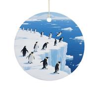 Ceramic Christmas Ornaments for Tree Decorations - Farmhouse Christmas Decor, Glacier Penguins Themed Hanging Pendant Round Ornament for Xmas Tree Gifts (2.9 Inch)