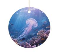 Ceramic Christmas Ornaments for Tree Decorations - Farmhouse Christmas Decor, Jellyfish Swimming Themed Hanging Pendant Round Ornament for Xmas Tree Gifts (2.9 Inch)