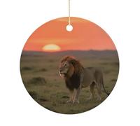 Ceramic Christmas Ornaments for Tree Decorations - Farmhouse Christmas Decor, Lion on African Savannah Themed Hanging Pendant Round Ornament for Xmas Tree Gifts (2.9 Inch)