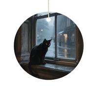 Ceramic Christmas Ornaments for Tree Decorations - Farmhouse Christmas Decor, Melancholy Black Cat Themed Hanging Pendant Round Ornament for Xmas Tree Gifts (2.9 Inch)