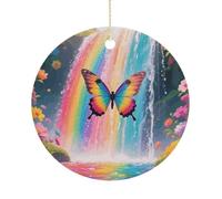 Ceramic Christmas Ornaments for Tree Decorations - Farmhouse Christmas Decor, Rainbow - Winged Butterfly by Falls Themed Hanging Pendant Round Ornament for Xmas Tree Gifts (2.9 Inch)